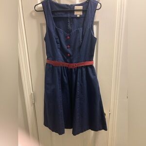ModCloth vintage inspired navy dress with red button and belt - M